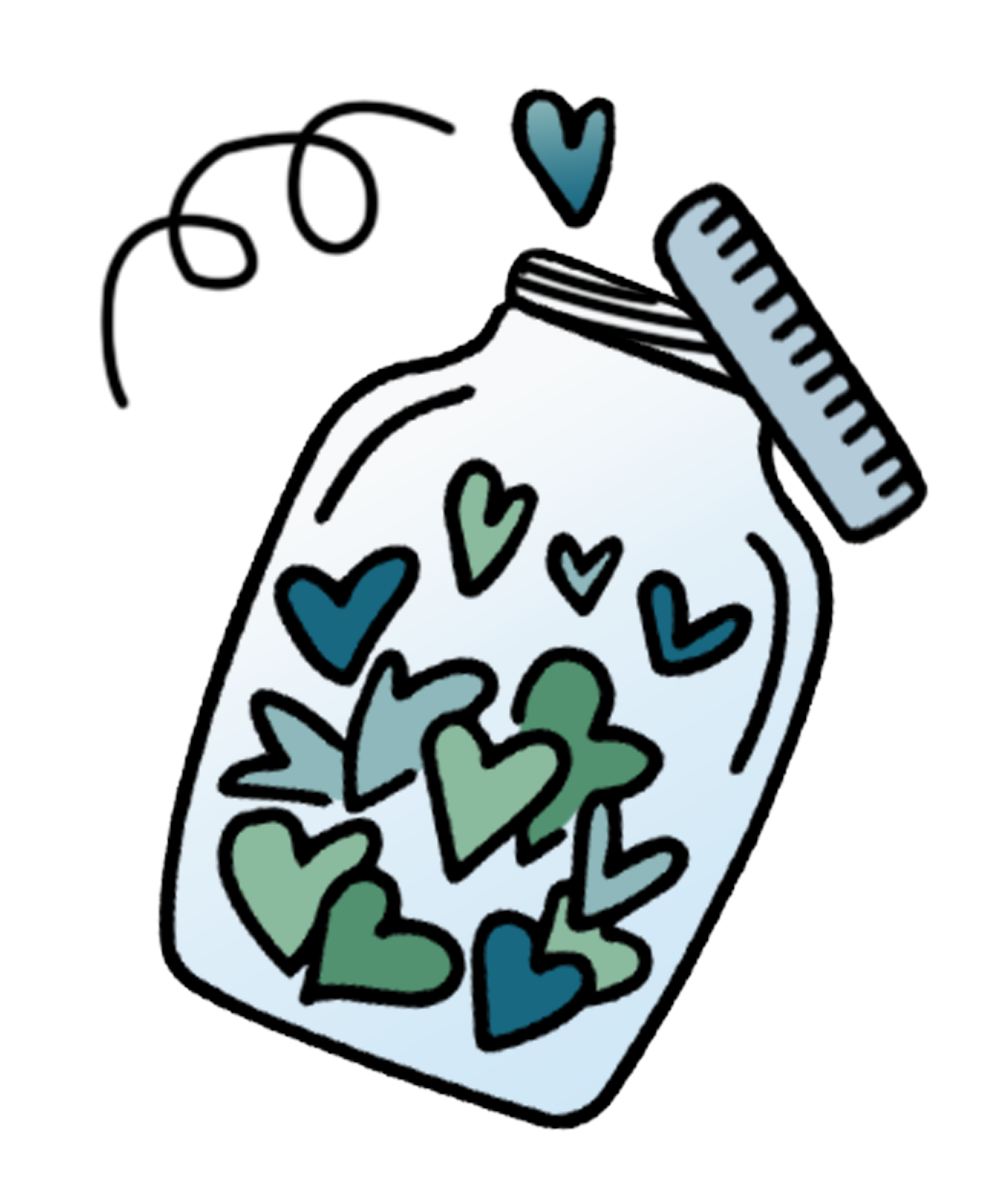 Ein Glas mit bunten Herzformen in Blau- und Grüntönen.