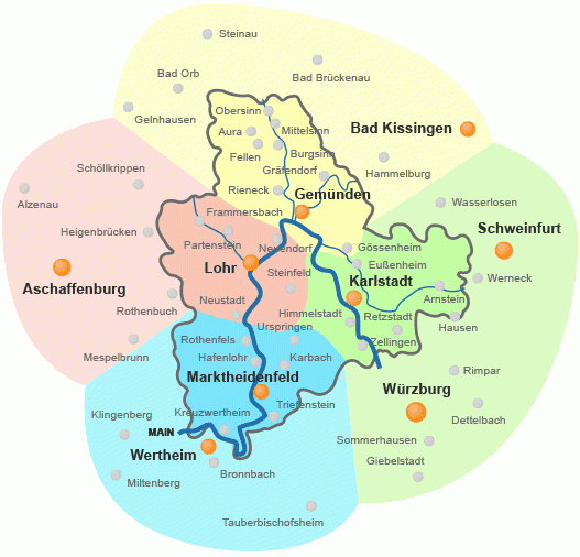 Karte der Region Main Spessart mit verschiedenen Orten und angrenzenden Gebieten.