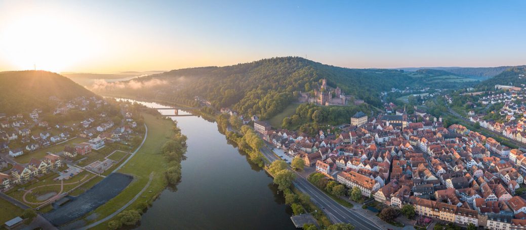 Fotografin Wertheim Panoramablick auf eine Flusslandschaft mit Hügeln und einer Stadt im Morgenlicht.