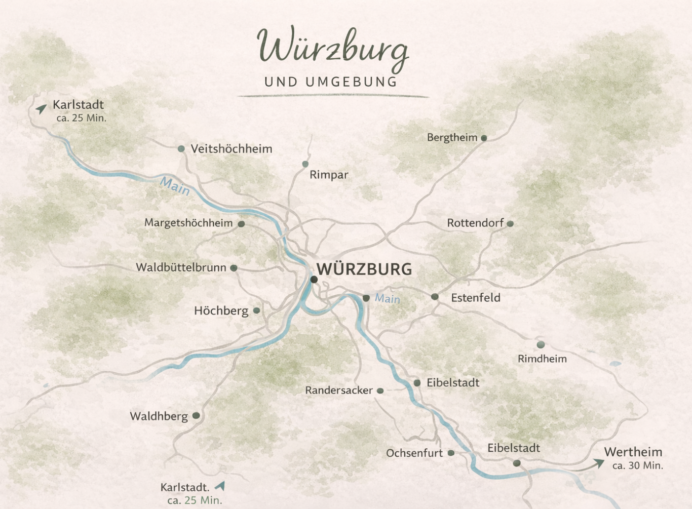Fotograf Wuerzburg Karte von Würzburg mit umliegenden Orten und dem Verlauf des Mains.